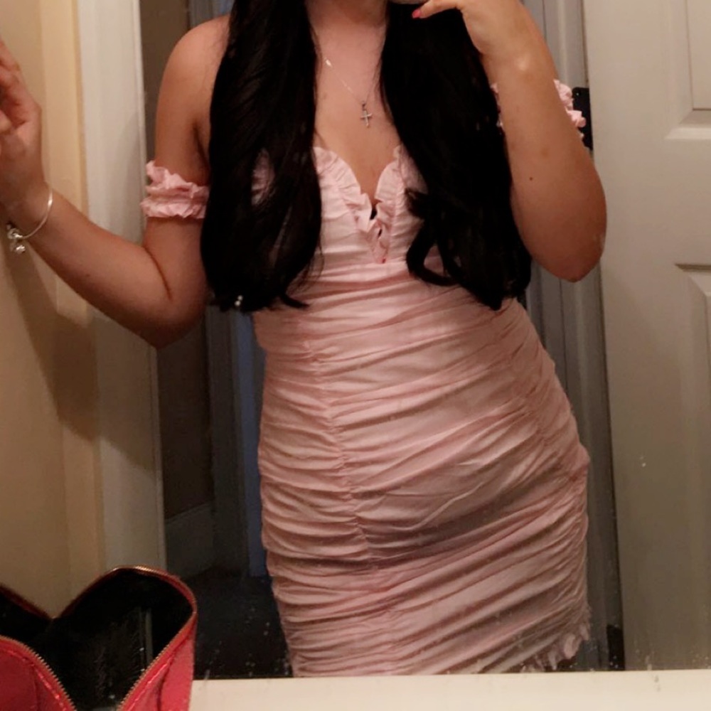 Pink ruffled off the shoulder mini dress